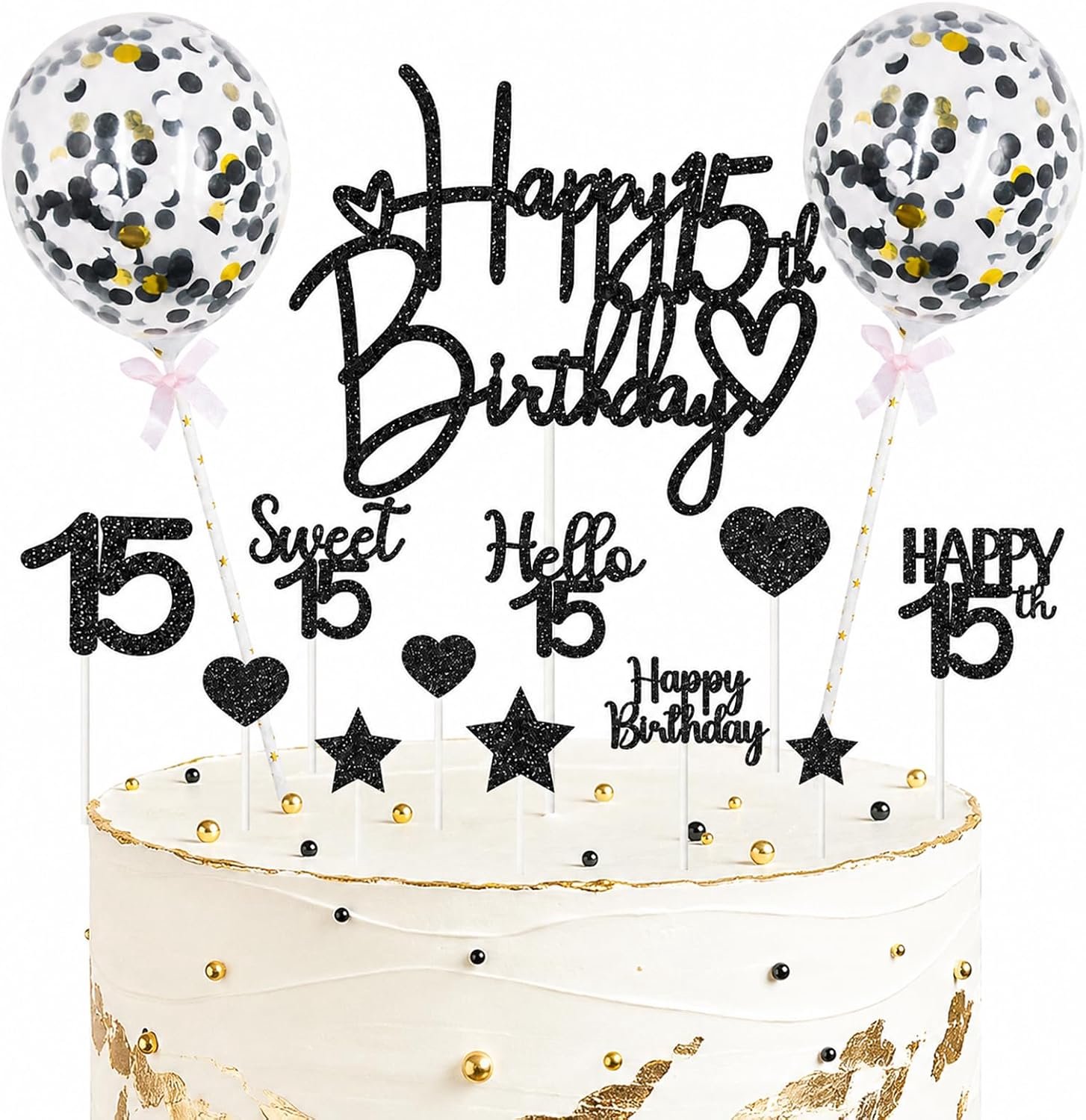 14-delige taartdecoratie 15e verjaardag, glitters zwart 15 jaar