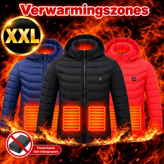Verwarmde winterjassen in blauw, zwart en rood met XXL-label en verwarmingszones; powerbank niet inbegrepen.