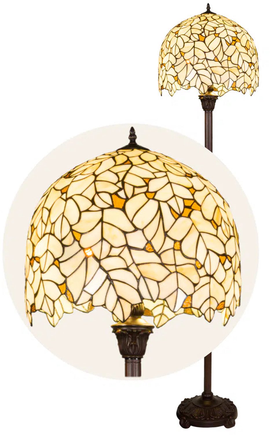 Tiffany vloerlamp Crème Bladmotief met Golvende Rand H 168 cm | RORUVERA