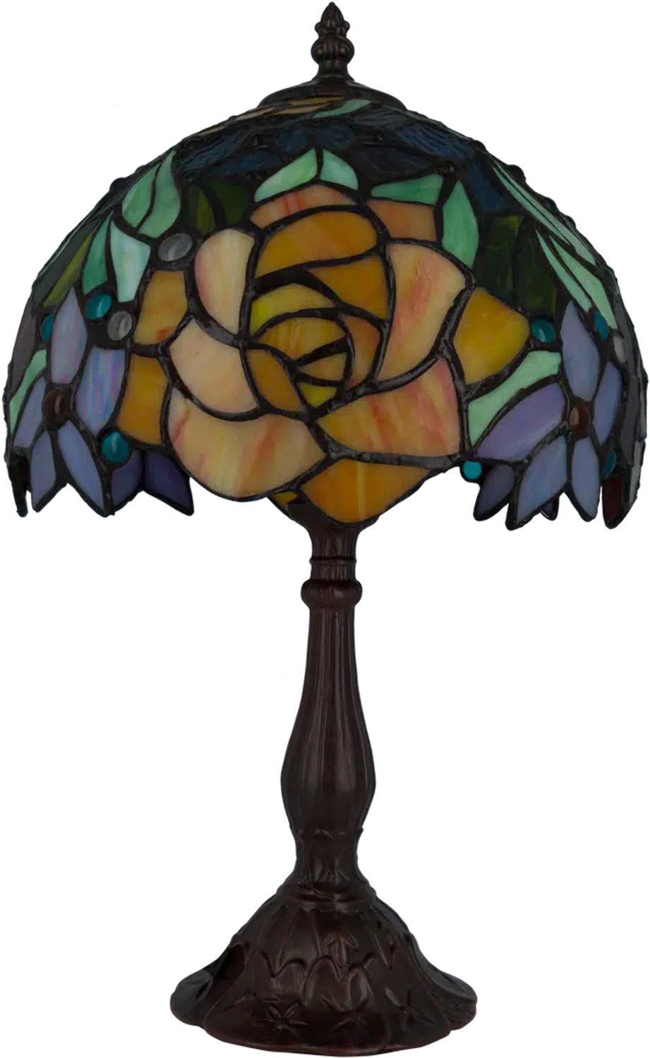 Tiffany tafellamp Rozen - Geel-groen-rood - Ø 24 cm - Glas in lood - Warm licht - Bloemmotief | RORUVERA