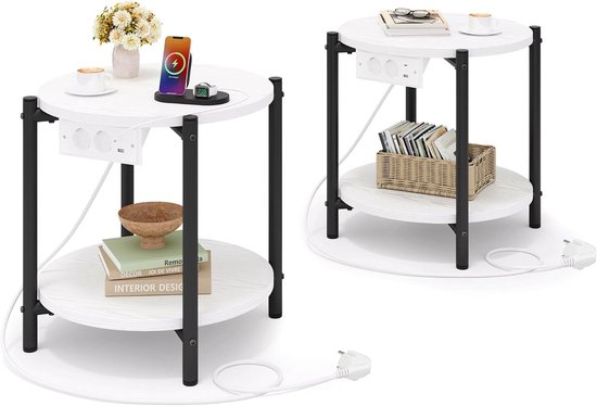 Rond nachtkastje, set van 2, bijzettafel met stopcontact, USB-C-aansluiting, kleine tafel, hout en metaal, salontafel, woonkamertafel, salontafel, 2 planken voor slaapkamer (wit, 2 stuks)