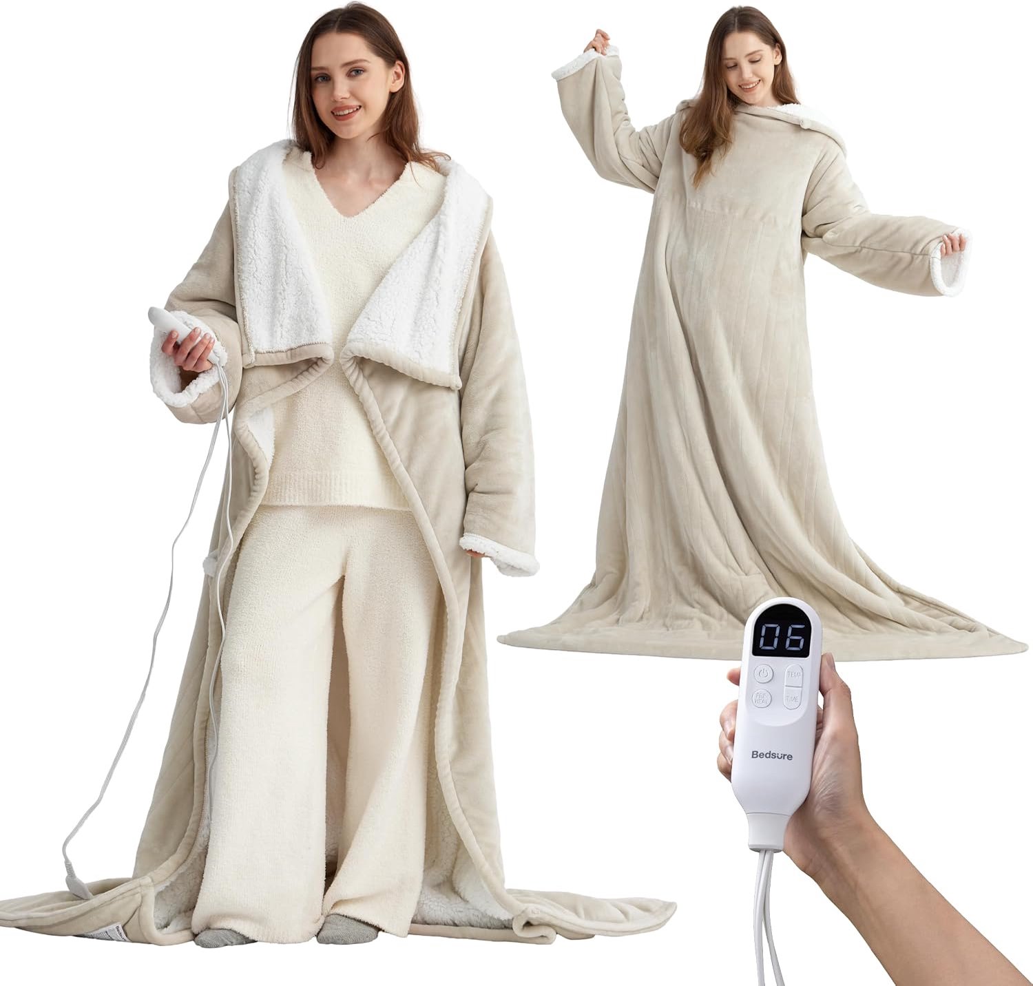 Thuys Elektrische Warmtedeken met Mouwen en Voetenzak – 127 x 180 cm – 6 Warmtestanden – Timer – Flanel & Sherpa – Beige