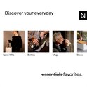 Vier kleine afbeeldingen: een vrouw met kruidenmolens, handen met flessen, een man met mokken, en een mand met dozen. Titel 'Discover your everyday essentials favorites.'