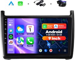 Boscer 2 Din Android 15 Autoradio - Geschikt voor Volkswagen Polo (2011-2016) - Draadloos Apple CarPlay & Android Auto - 4+64GB - 9 Inch HD Touchscreen - GPS Navigatie - WiFi, Bluetooth & USB - Achteruitrijcamera & Microfoon