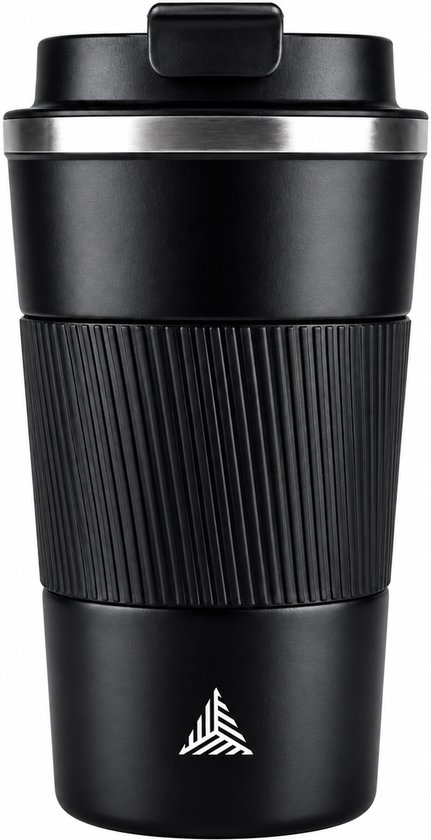 Zwarte roestvrijstalen thermosbeker van 380 ml met een geribbelde antislipband en zilverkleurige rand.