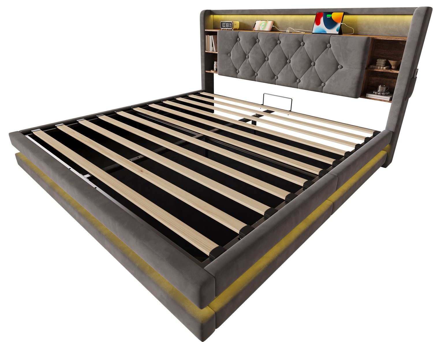 MUVANO Bed 160 x 200 cm met opbergruimte - Fluwelen bed met opbergruimte - Bed met multifunctioneel hoofdbord - Ledverlichting en usb - Donkergrijs