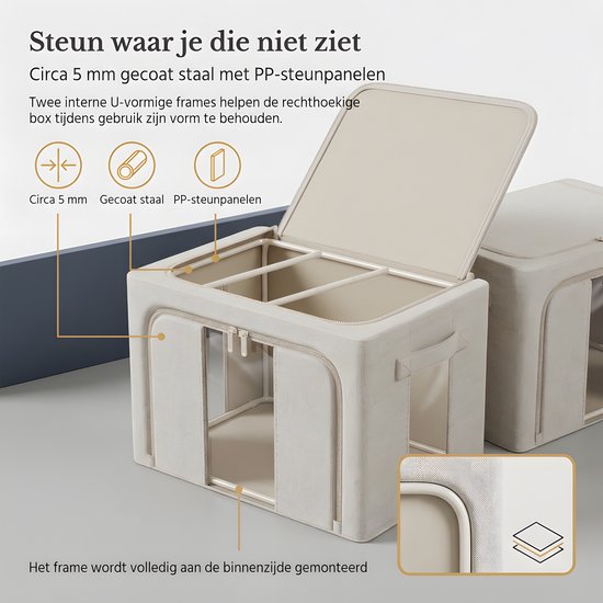 Beige opbergbox met intern U-vormig stalen frame van 5 mm en PP-steunpanelen voor vormbehoud.