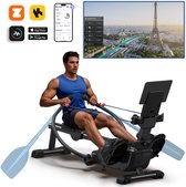Man op roeimachine met iPad, toont app-icoontjes en een scherm met de Eiffeltoren.