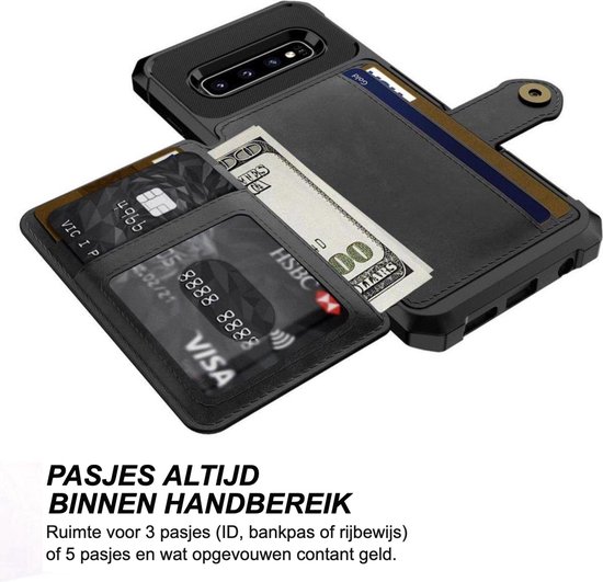 Zwarte telefoonhoes met ruimte voor pasjes en contant geld in de kaarthouder.