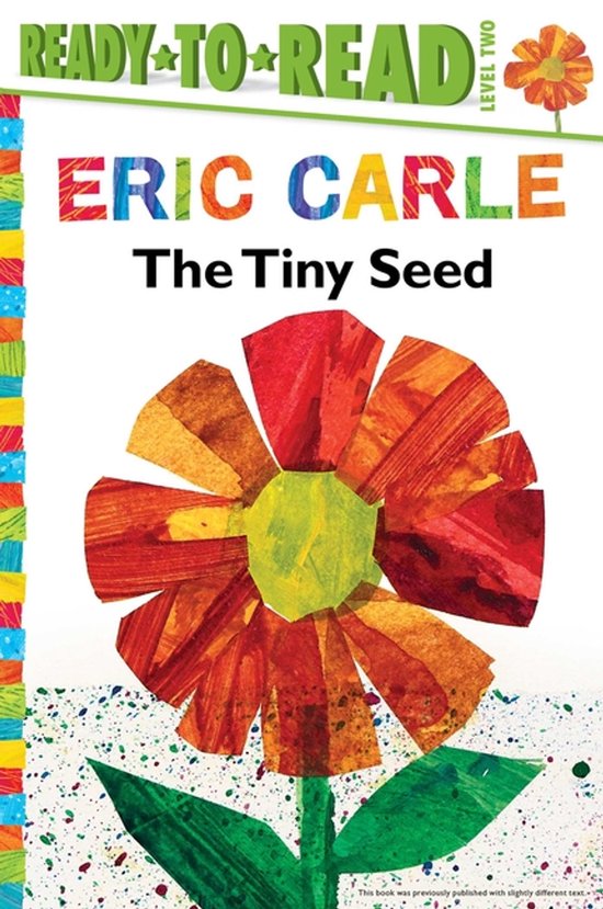 Boekomslag van The Tiny Seed door Eric Carle, met een kleurrijke collagebloem op een witte achtergrond.