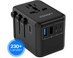 Voomy Universele Wereldstekker - 230+ landen - 35W Snellader - 3 USB-C & 2 USB-A Poorten - Reisstekker voor: Amerika (USA), Engeland (UK), Australië, Zuid Amerika, Afrika, Italië, Thailand - Zwart