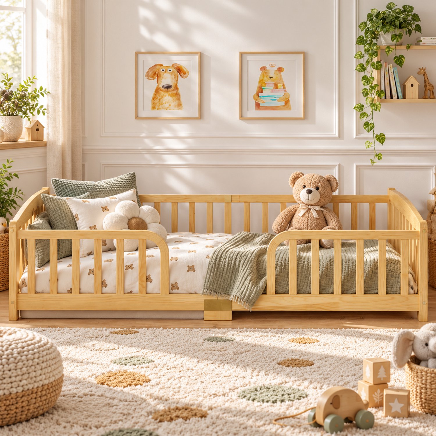 Welltin Kinderbed 90x200 cm - Eenpersoonsbed - Vloerbed - Houten frame - Met veiligheidsreling - Hoofdingang - Veilig en comfortabel - Creëer een Veilige & Stijlvolle Slaapomgeving - Natuurlijke houtkleur