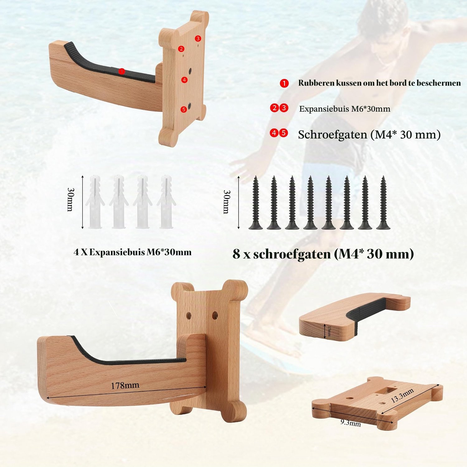 Surfboard wandrek beukenhouten surfplank wandhangers met M6 uitbreidingsbouten verticale surfplankopslag voor longboard shortboard skimboard