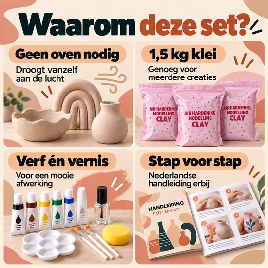 Twenty4seven® Pottenbakken Set - Luchtdrogende Klei 3 x 500 g - Knutselpakket & Knutselen - Kerst &n Sinterklaas Cadeau Kinderen - Boetseerklei Zonder Oven — cadeau in Hobby - foto 2