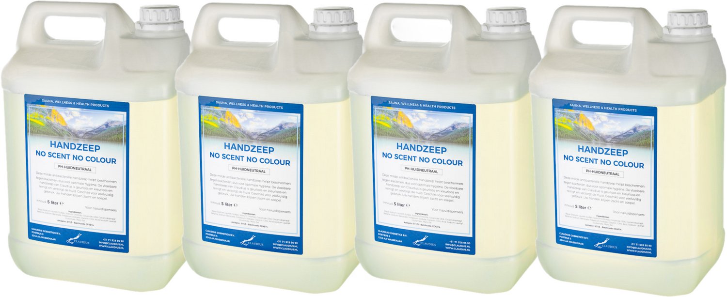 Claudius Handzeep No Scent, No Colour 5 liter - set van 4 stuks - voordeelverpakking - navulling