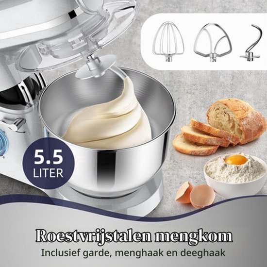 Keukenmachine Multifunctioneel - 2000 W Vermogen - 5,5 L Roestvrijstalen Kom - Zilver - Planetair Roersysteem — afbeelding 5