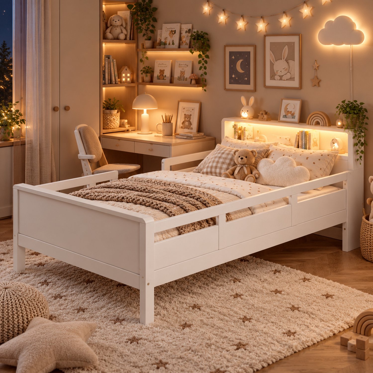 Welltin Kinderbed 90x200 cm - Eenpersoonsbed 90x200 cm - Houten bed - Opbergbed - Multifunctioneel bed - Met LED-lichtstrip en Multifunctionele oplaadpoort - Wit