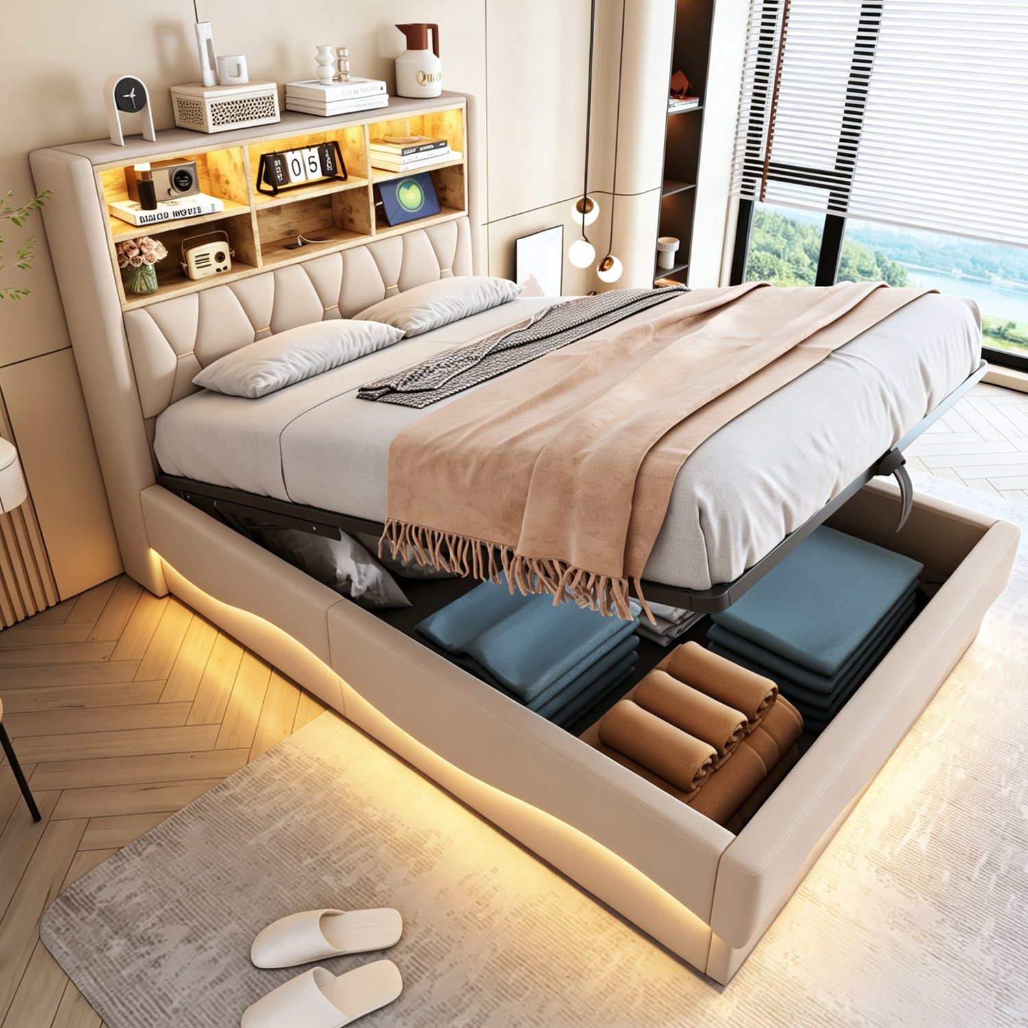 OOIILLEE Tweepersoonsbed 140×200 met hydraulische opbergruimte, APP-gestuurde LED-lichtstrip, USB-oplaadpoort, metalen lattenbodem, linnen bekleding, beige.