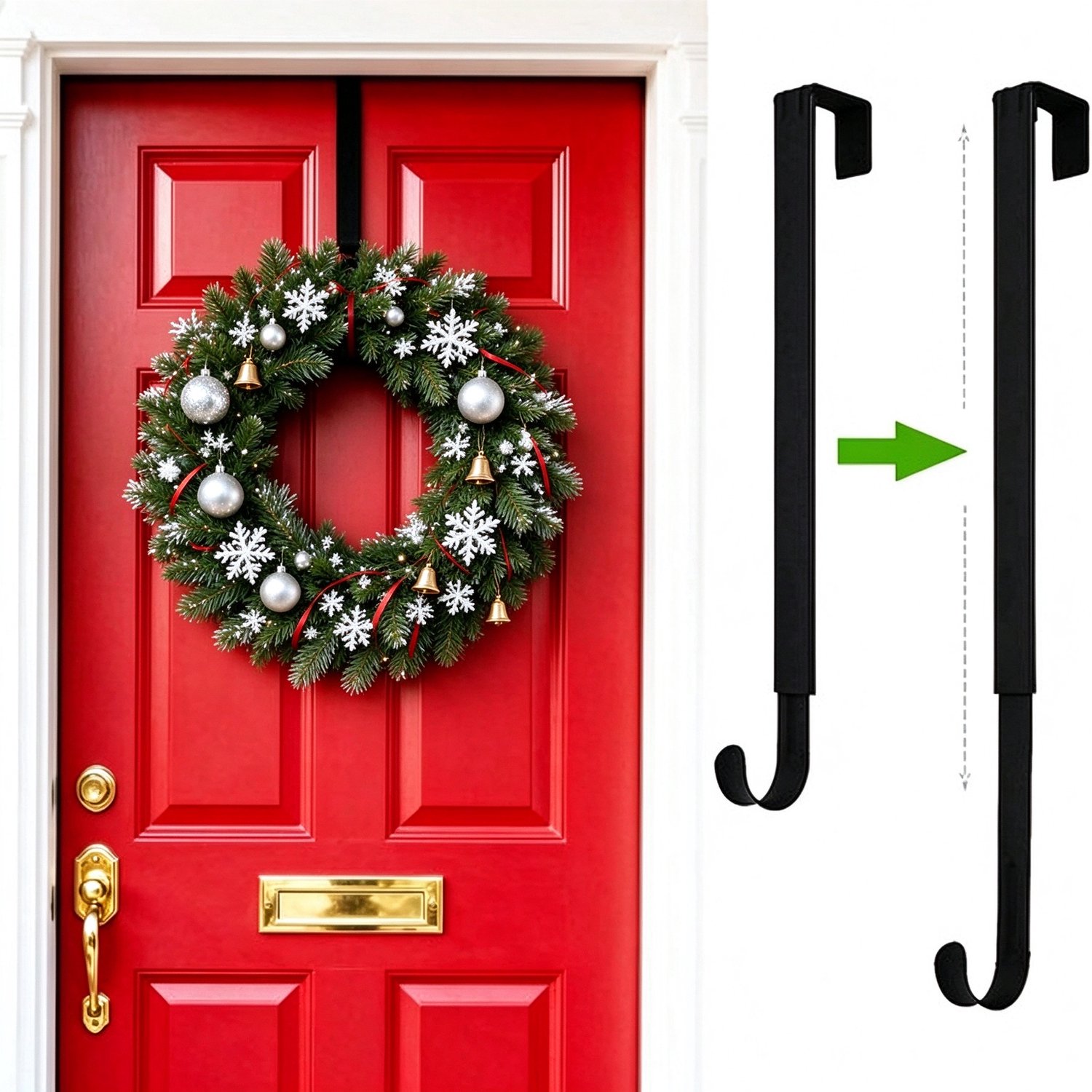 Lifhelpe - Kerstdecoratie - Kerstkrans deurhanger - 1 stuk zwart, verstelbaar 38 tot 65 cm - Handige haak voor voordeur - Geschikt voor kerstkransen en voordeurdecoratie