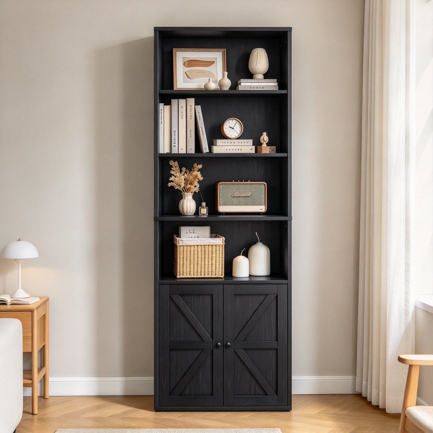 Boekenkast Rustiek Met Deuren & 6 Houten Planken - 180 cm Hoog x 30 cm Diep - voor Slaapkamer Woonkamer of Kantoor - Zwart