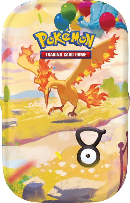 Pokémon mini-blikje met Moltres, ballonnen en Unown-pictogram op een zonnige achtergrond.