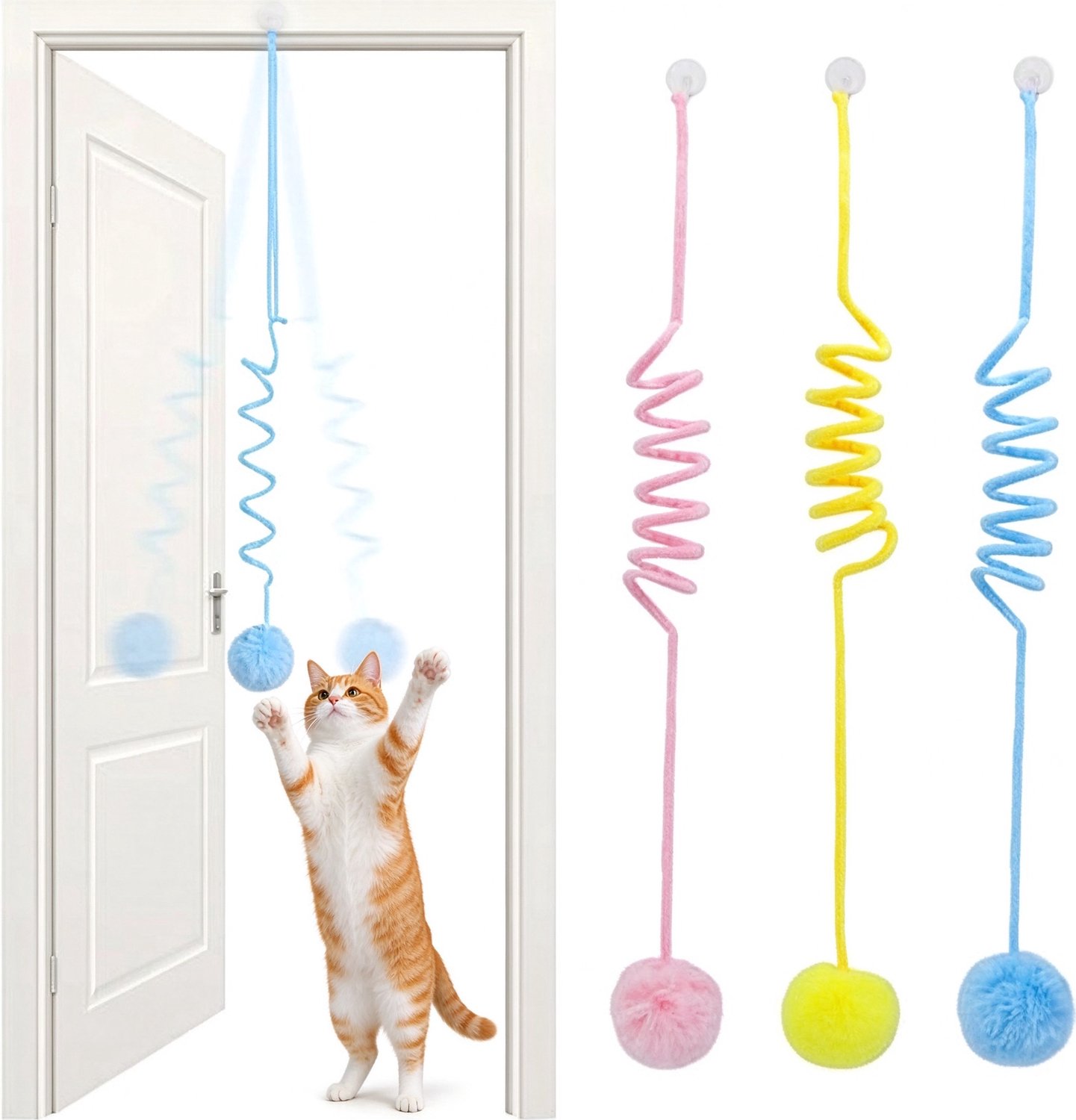 Lifhelpe Huisdieraccessoires - Hangend kattenspeelgoed set - 3 stuks elastisch touw speelgoed - Bevestigbaar aan de deur - Leuk binnenspeelgoed voor katten