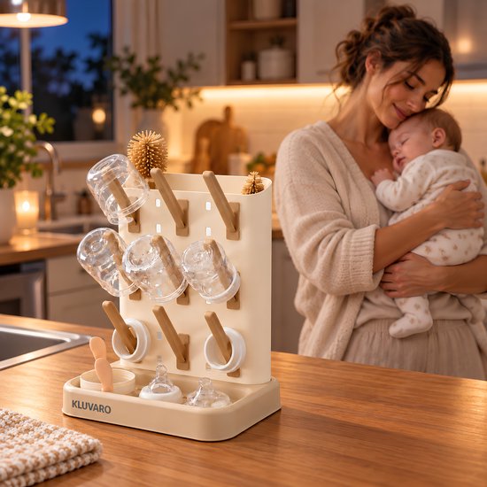Kluvaro Flessen droogrek - Droogrek voor Babyflessen en Flesvoeding Accessoires - 2 Flessenborstels - Afdruiprek - Beige — afbeelding 2