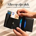Porte-cartes en cuir noir ouvert avec des billets et plusieurs cartes visibles.