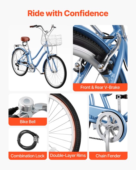 VEVOR Dames Cruiserfiets van 26 inch, Draagvermogen 150 Kg, 7 Versnellingen, Lichtblauw, voor Woon-Werkverkeer, Boodschappen en Stranduitstapjes, met Mandje, Bagagedrager (tot 50 Kg), Dubbele V-Remmen en Praktische Accessoires — afbeelding 5
