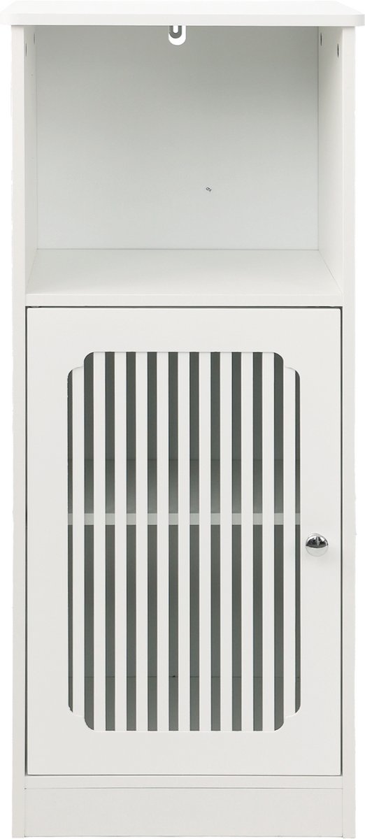 Witte Staande Badkamerkast Met Lamellendeur - Verstelbare Planken En Open Vak - Badkamermeubel Voor Handdoeken - MDF En Spaanplaat - 36 x 30 x 86 cm
