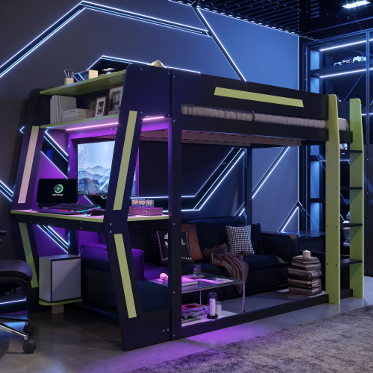 Zubaliya Zwart Groen Houten Gaming Hoogslaper 120x200 cm met Bureau & LED - Kinderbed & Jeugdbed met PC-Houder, Opbergvakken & Vrije Onderruimte - Zwart/Groen Zwart met Groen