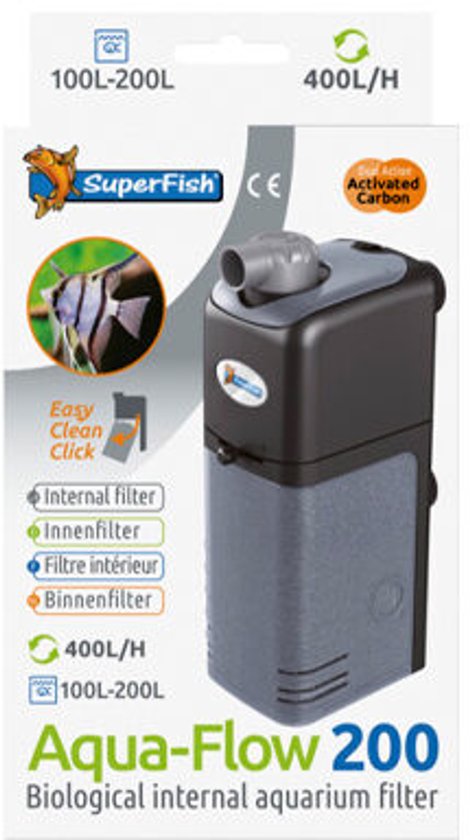 Aqua-Flow 200 biologisch intern aquariumfilter. Grijs met donkergrijs deksel. 400L/H, 100L-200L.