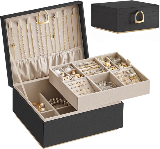 Sieradendoos 2 lagen sieradenorganizer-handvat-verwijderbare sieradenbak-opbergdoos zwevend effect 205x24x11cm cadeau-idee zwart JBC165B01