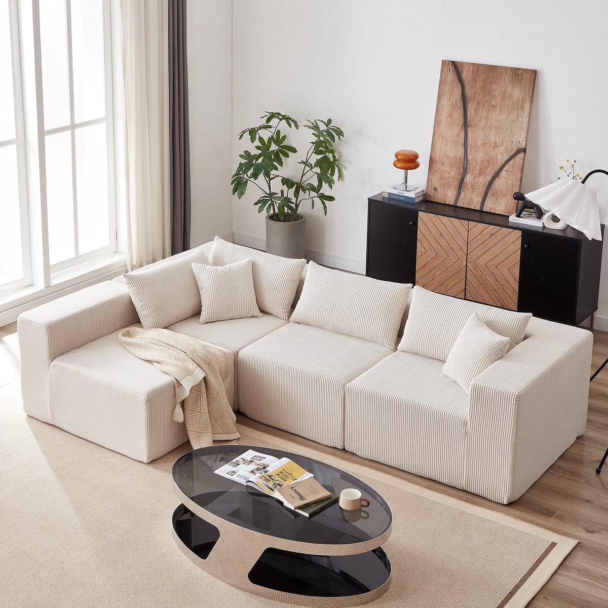 PHOEBE CAT Hoekbank - 4 zitsbank - Modulaire set - Corduroy - Gestoffeerde meubels - Schuimvulling - Beige