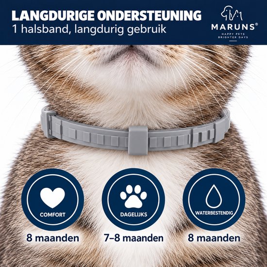 Close-up van de borst van een kat met een grijze halsband. Iconen tonen comfort, dagelijks gebruik (7-8 maanden) en waterbestendigheid (8 maanden).