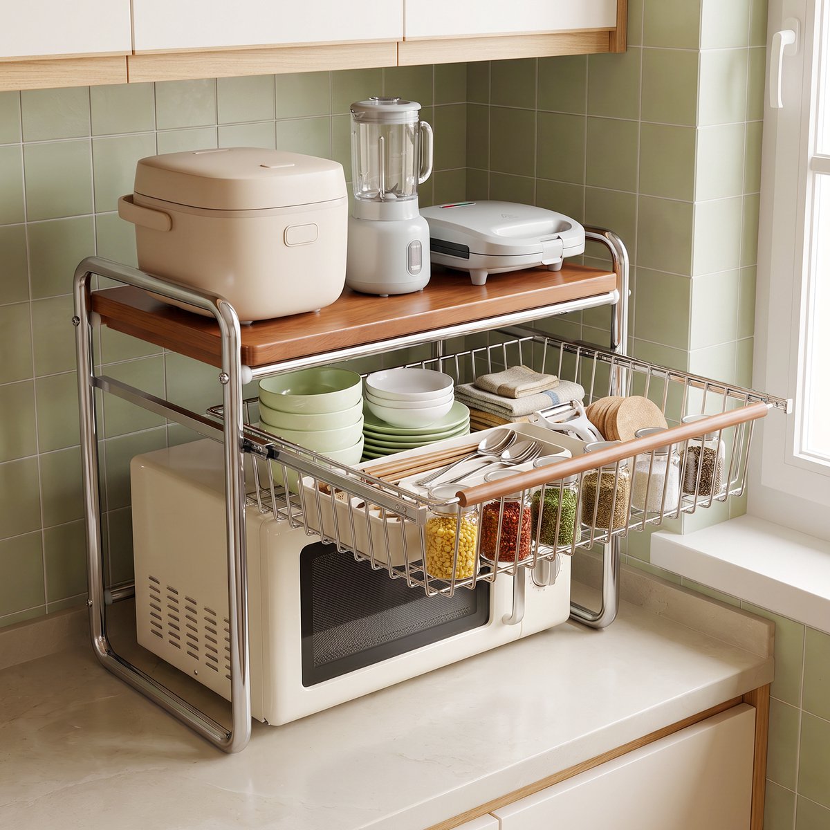 Magnetronrek voor aanrecht - Magnetron Rek Magnetronkast - Voorraadrek Bakkersrek - keuken organizers-kruidenrek-aanrecht organiser - Met uittrekbare draadmand - Open vak voor magnetron - Koolstofstalen frame - Walnootkleurig blad - 49,5 x 35 x 48 cm