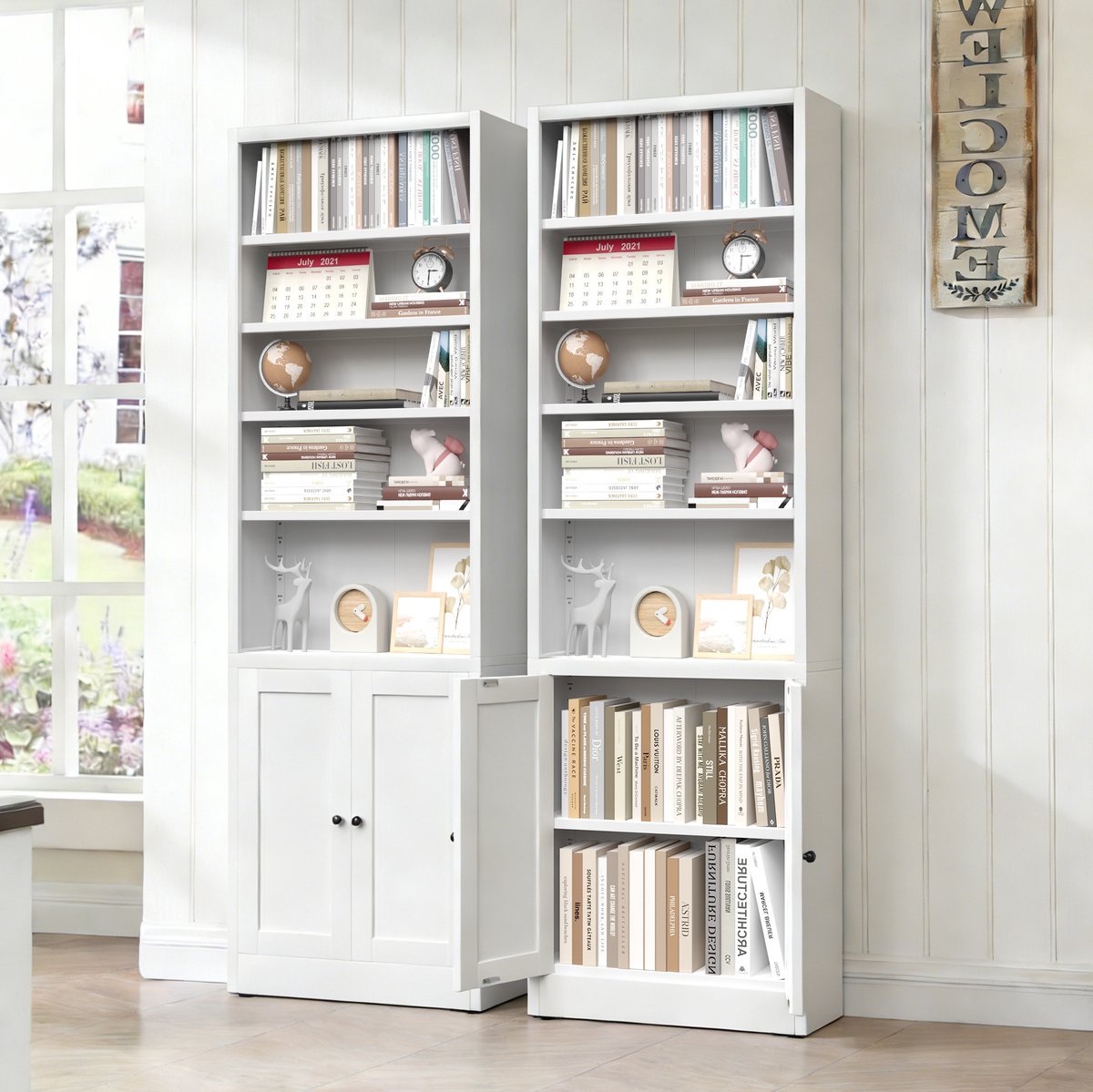 HAUSS SPOLE Boekenkast - Met Deur En Verstelbare Legplanken - Industriële Opbergruimte Voor Woonkamer En Kantoor - Metaal - 60x23,6x180 Cm - Wit