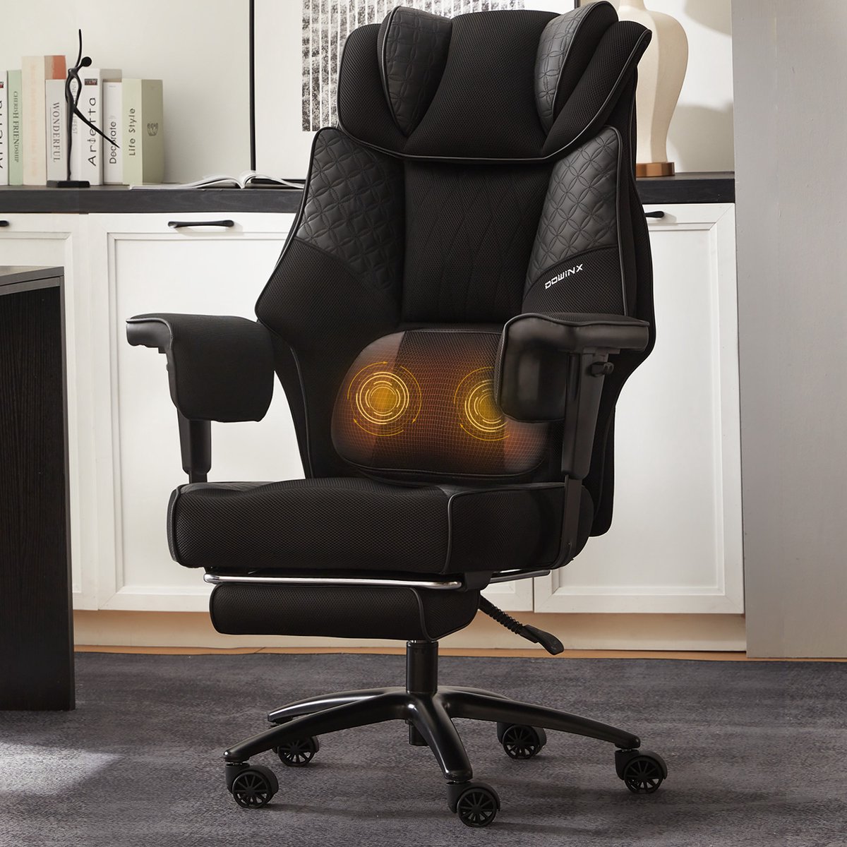 Dowinx Gaming stoel - Gamestoel met massage - Ergonomische Bureaustoel - Game bureaustoel - chair - Roterend tweerichtingsmassagesysteem - Verstelbare Gamingstoe - Grote Bureaustoel - Zwart