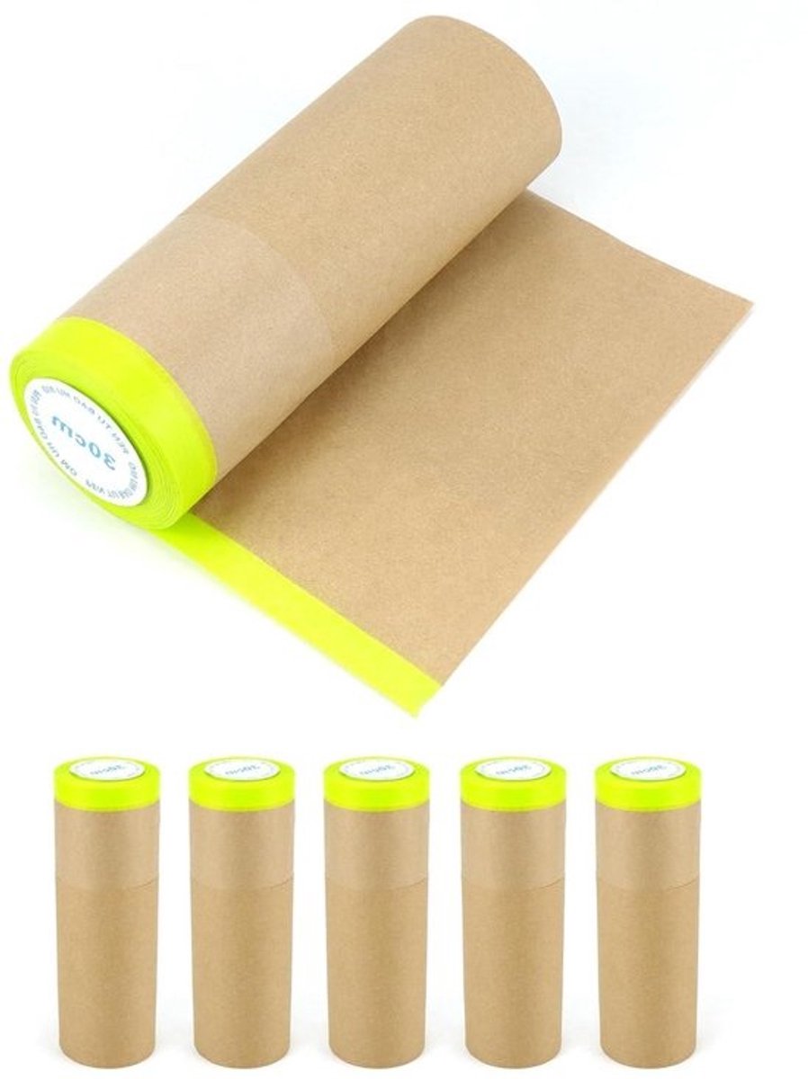 Schildersmaskerpapier - Met zelfklevende strips - 30 cm x 15 m - Met maskeringstape - Voor schilderwerk - Wit - 6 stuks