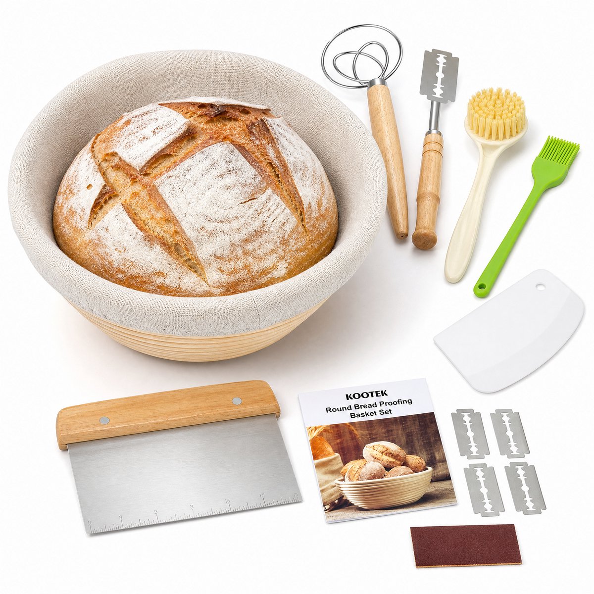 Rijsmandset voor broodbakken-Rijsmandje - Ronde rotan banneton - 25 cm diameter x 8 cm hoog- Met stoffen voering, deegschrapers, deegklopper en deegmesje-Naturel-Zuurdesem starter set–Brood Bakset–Bakgereedschap voor Brood en Bakken–Voor Thuisbakkers