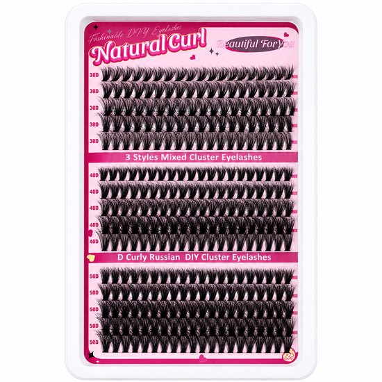 Boîte de 3 styles de faux cils d-curl : 30D, 40D, 50D. Principalement des clusters noirs.