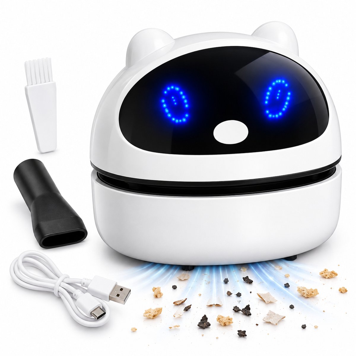 Mini Desktop Stofzuiger - Draadloos en USB-Oplaadbaar - Met Kierenzuigmond en Borstel - Voor Bureau, Toetsenbord en Auto - Wit