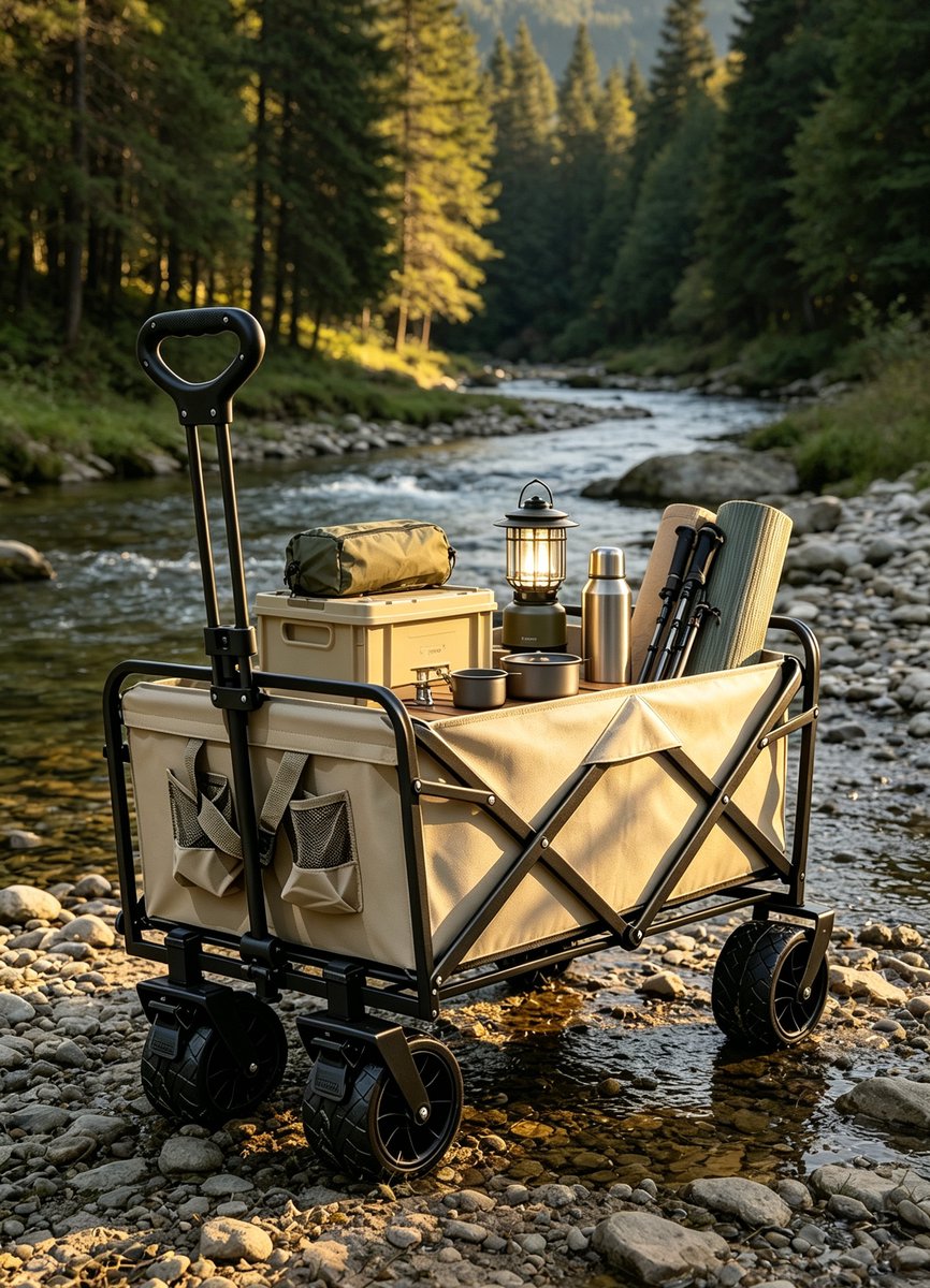 Opvouwbare Bolderkar Kampeerwagen voor Camping Strand & Tuin 360° Draaibare Wielen met Dubbele Rem Verzwaard Stalen Frame Grote Inhoud Khaki 83*50*70 cm
