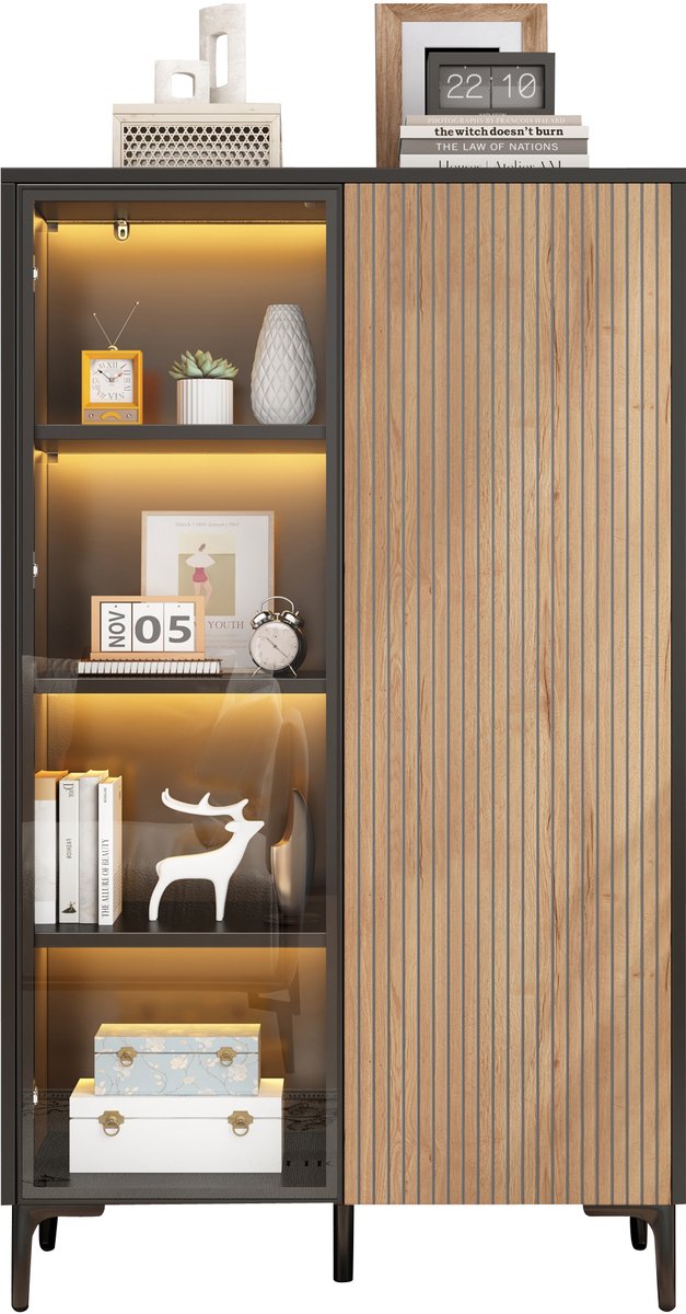 Vitrinekast Met Ledverlichting - 2 Deuren En 8 Vakken - Glazen Displaykast Met Push-To-Open - Voor Woonkamer, Hal Of Eetkamer - MDF Zwart Hout 90 x 40 x 135 cm