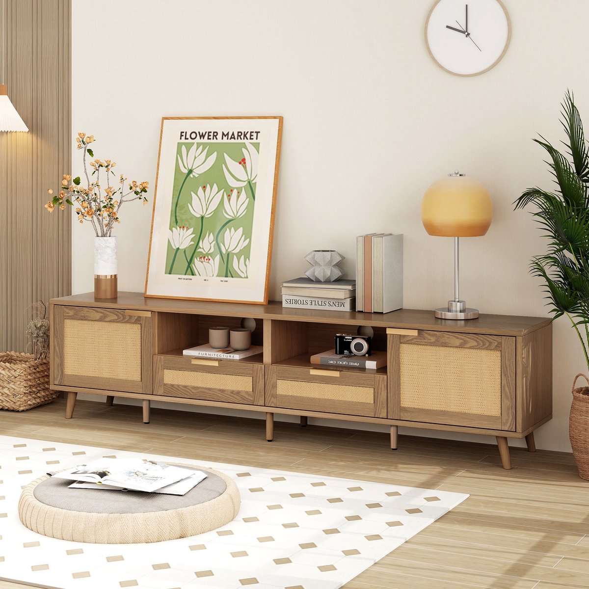 MUVANO Tv Meubel 200 cm - Rotan Design Tv Kast - Eikenkleur Tv Dressoir - Met Lades En Deuren - 200x37x49cm - Opbergen - Woonkamer Eikenkleur