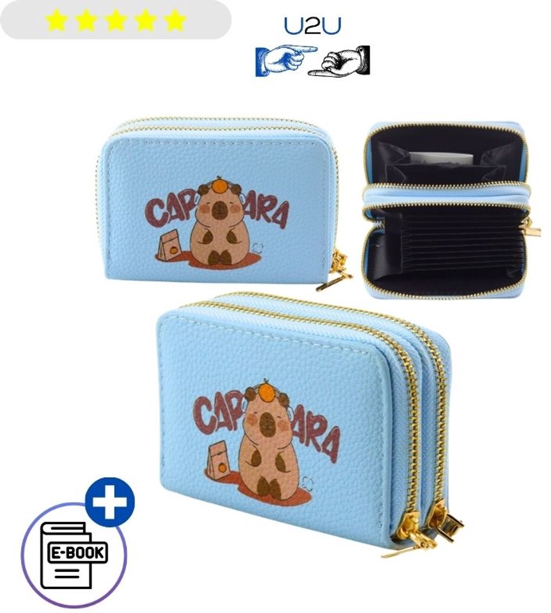 Blauwe Capybara Portemonnee 2 Vakken voor Kinderen, Dames & Heren – Dubbele Rits, Kaartenhouder, Muntgeldhouder, Compacte Wallet met Schattig Design voor Pasjes, Briefgeld & Munten, Origineel Cadeau – Met Ebook