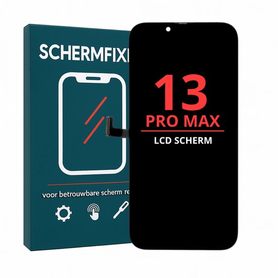 iPhone 13 Pro Max LCD-scherm, zwart, met rode tekst '13 PRO MAX LCD SCHERM'. Doos met 'SCHERMFIXI' en telefoonillustratie.