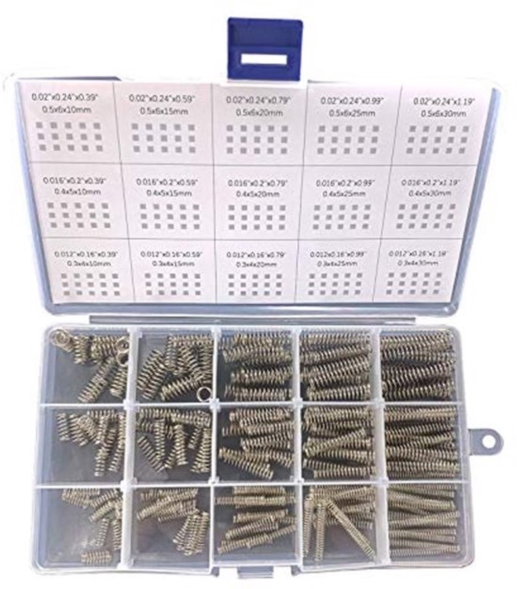 Assortimentskit compressieveren - 225 mini roestvrijstalen veren in 15 maten
