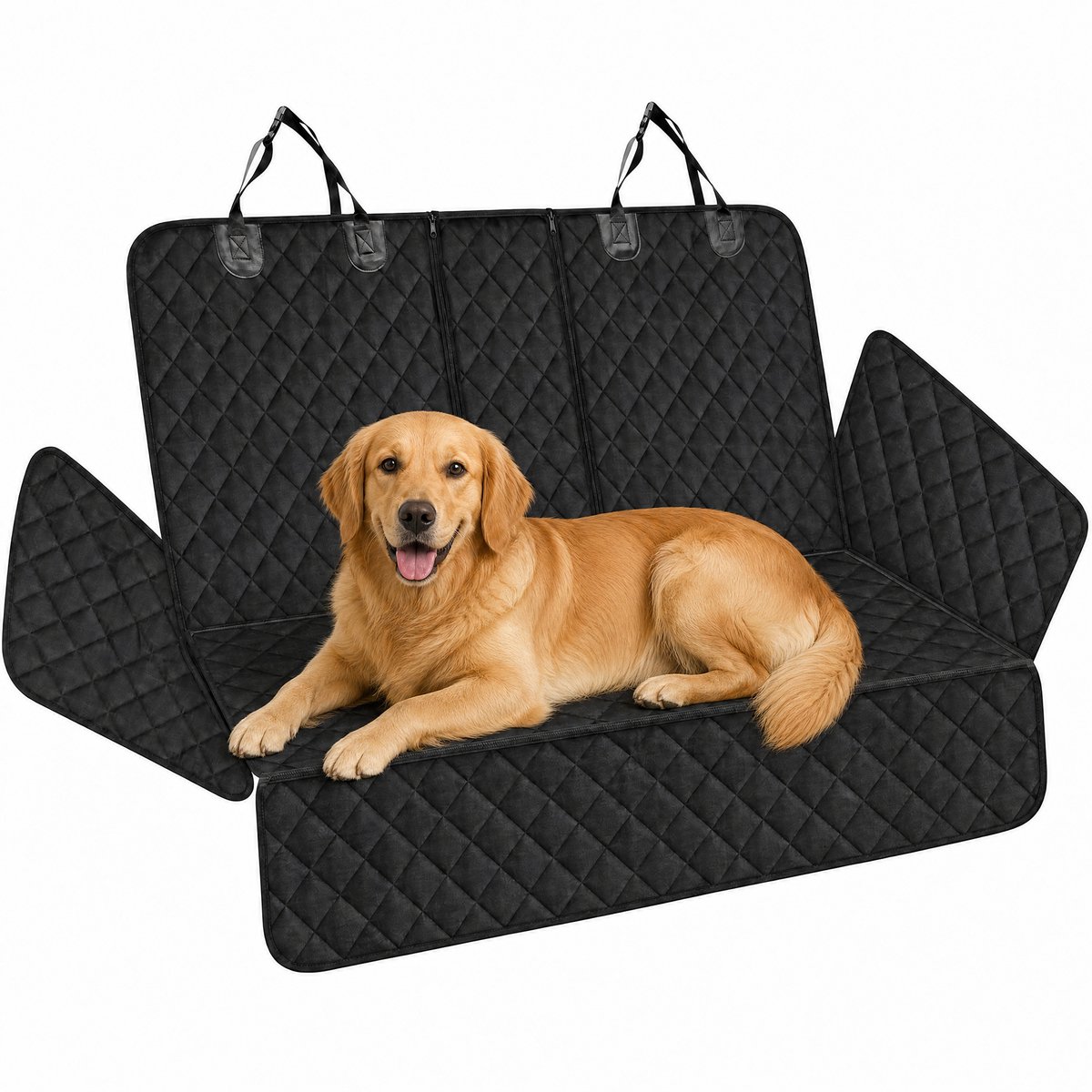 Hondendeken voor de achterbank - Voor hond en kat - 135 x 118 cm - Gewatteerd - 600D Oxford - Met zijflappen, gordelopeningen en middenrits - Zwart – Achterbank - Waterdicht – Wasbaar - Autostoelhoes- Beschermhoes