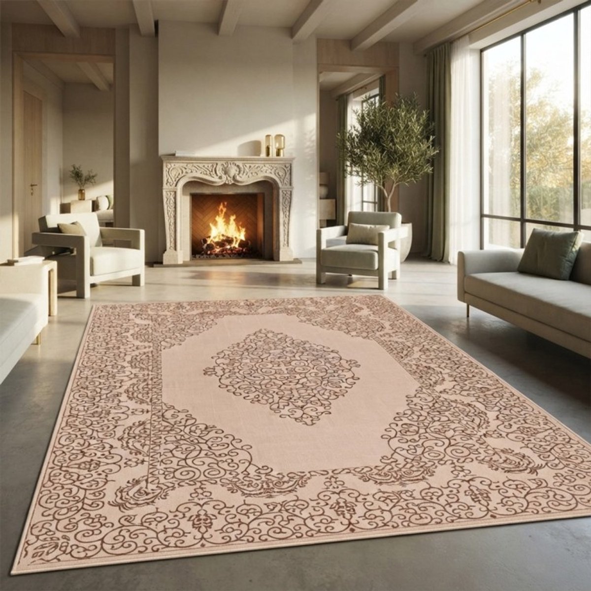TapisTrend Oosters tapijt Beige 80x150 cm Klassiek vloerkleed met medaillon, elegante bloemenpatronen, antislip, voor woonkamer of slaapkamer